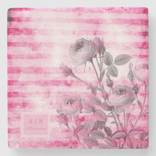 Rose im Hintergrund in Hot Pink | Floral Monogramm Steinuntersetzer (Vorderseite)