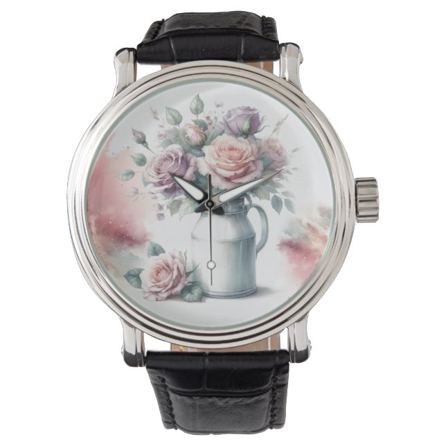 Rose im Vintagen Milchjug-Stil Armbanduhr (Vorderseite)
