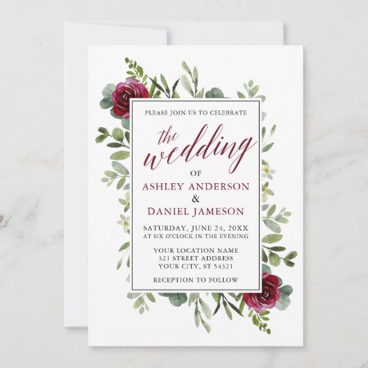 Rose im Wasserfarbenbereich Hochzeit Burgund Einladung (Vorderseite)