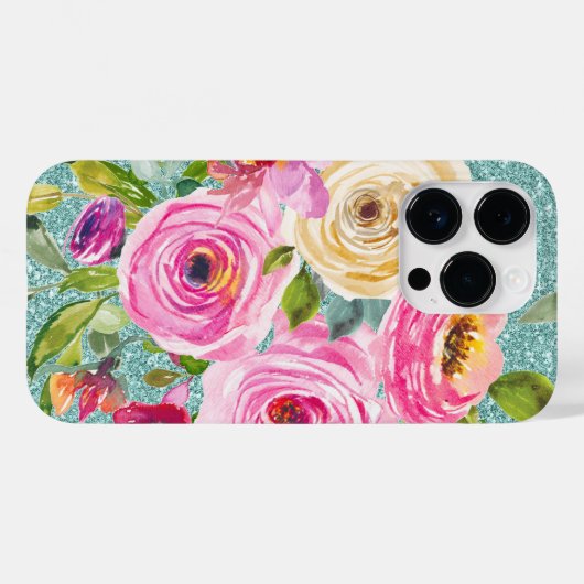 Rose in Aqua-Tal Rosa Creme Glitzer Case-Mate iPhone Hülle (Rückseite (Horizontal))