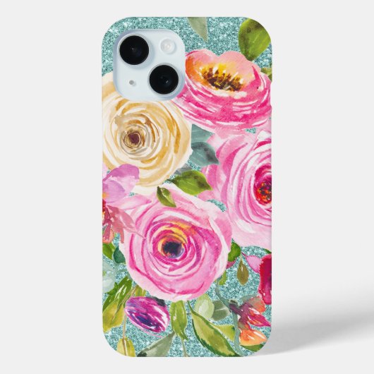 Rose in Aqua-Tal Rosa Creme Glitzer Case-Mate iPhone Hülle (Rückseite)