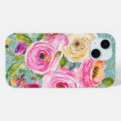 Rose in Aqua-Tal Rosa Creme Glitzer Case-Mate iPhone Hülle (Rückseite (Horizontal))