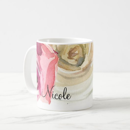 Rose in Aquarellfarben Rosa und Weißer Chic Kaffeetasse (Vorderseite Links)