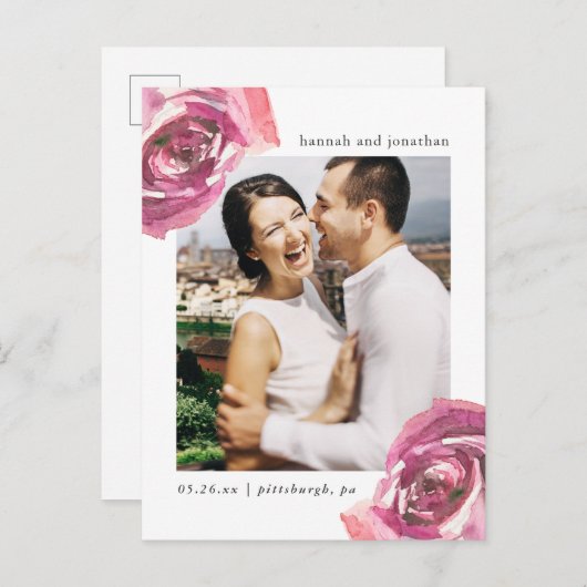 Rose in Aquarellfarben speichern das Date-Foto Ankündigungspostkarte (Vorne/Hinten)