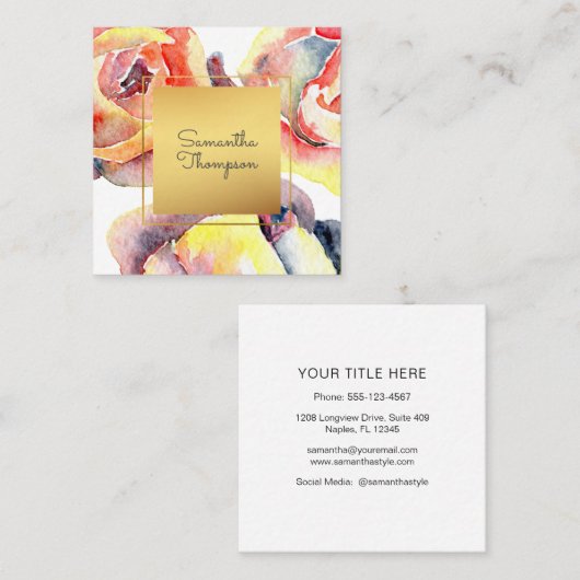 Rose in Aquarellfarben und Gold Moderne Quadratische Visitenkarte (Vorne/Hinten)