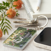Rose in Blüte und Gazebo Rose Garden im Garten Schlüsselanhänger (Vorderseite rechts)