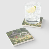 Rose in Blüte und Gazebo Rose Garden im Garten Steinuntersetzer (Seitenansicht)