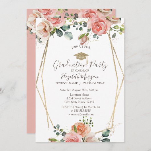 Rose in Form, Grad Cap, Abschluss Einladung (Vorne/Hinten)