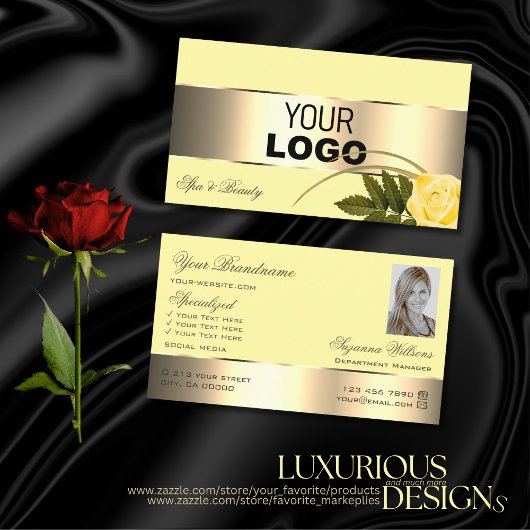 Rose in Gelb-Gold-Dekoration mit Logos und Foto Visitenkarte