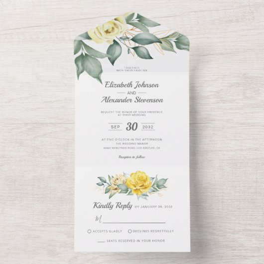 Rose in Gelbfarbe All In One Einladung (Innen Boden)