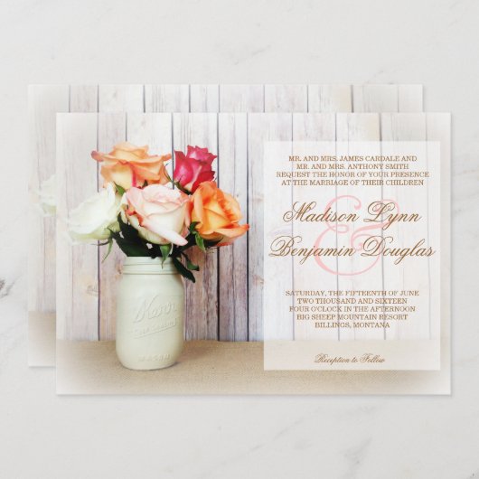 Rose in Mason Jar Rustic Country Wedites Einladung (Vorne/Hinten)