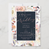 Rose in Pastell-Aquarell, Pfirsichcreme, Navy Blue Einladung (Vorderseite)