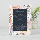 Rose in Pastell-Aquarell, Pfirsichcreme, Navy Blue Einladung (Stehend Vorderseite)