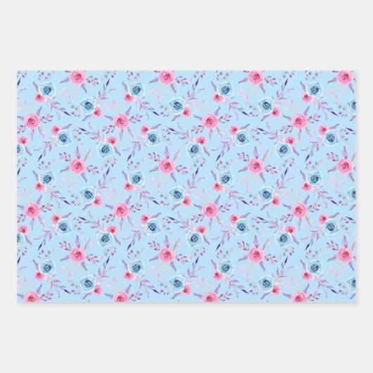 Rose in Rosa und Blau Geschenkpapier Set (Vorderseite)