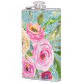 Rose in Rosa und Creme Aqua Glitzer Flachmann (Links)