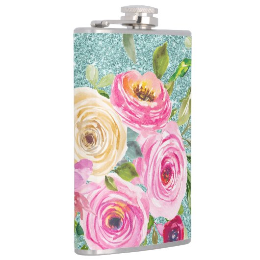 Rose in Rosa und Creme Aqua Glitzer Flachmann (Rechts)