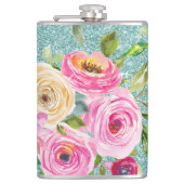 Rose in Rosa und Creme Aqua Glitzer Flachmann (Vorderseite)