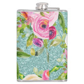 Rose in Rosa und Creme Aqua Glitzer Flachmann (Rückseite)