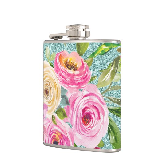 Rose in Rosa und Creme Aqua Glitzer Flachmann (Links)