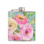 Rose in Rosa und Creme Aqua Glitzer Flachmann (Vorderseite)