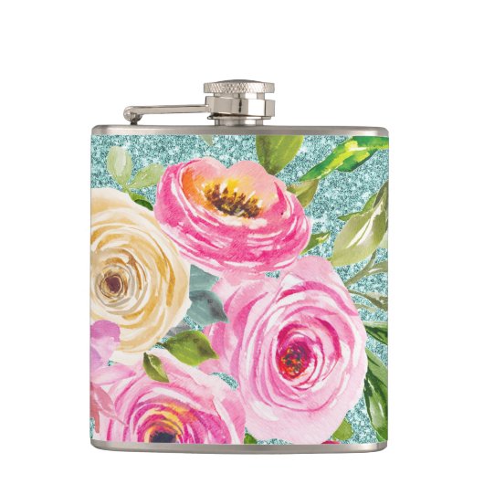 Rose in Rosa und Creme Aqua Glitzer Flachmann (Vorderseite)