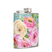 Rose in Rosa und Creme Aqua Glitzer Flachmann (Rechts)