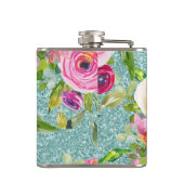 Rose in Rosa und Creme Aqua Glitzer Flachmann (Rückseite)