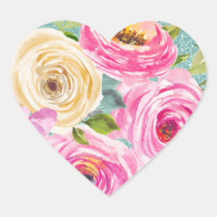 Rose in Rosa und Creme Aqua Glitzer Herz-Aufkleber