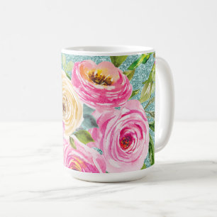 Rose in Rosa und Creme Aqua Glitzer Kaffeetasse