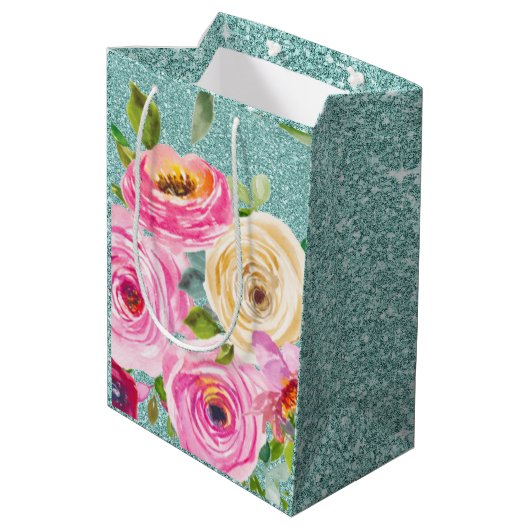 Rose in Rosa und Creme Aqua Glitzer Mittlere Geschenktüte (Rückseite Schrägansicht)