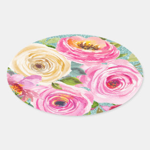 Rose in Rosa und Creme Aqua Glitzer Ovaler Aufkleber