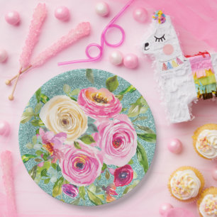 Rose in Rosa und Creme Aqua Glitzer Pappteller