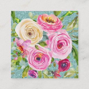 Rose in Rosa und Creme Aqua Glitzer Quadratische Visitenkarte