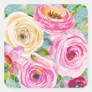 Rose in Rosa und Creme Aqua Glitzer Quadratischer Aufkleber