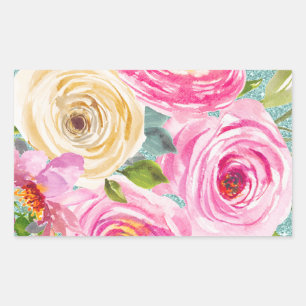 Rose in Rosa und Creme Aqua Glitzer Rechteckiger Aufkleber