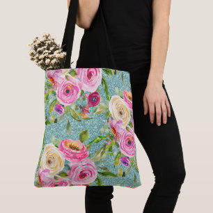 Rose in Rosa und Creme Aqua Glitzer Tasche