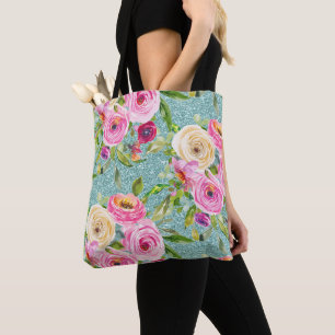 Rose in Rosa und Creme Aqua Glitzer Tasche