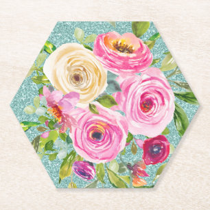 Rose in Rosa und Creme Aqua Glitzer Untersetzer