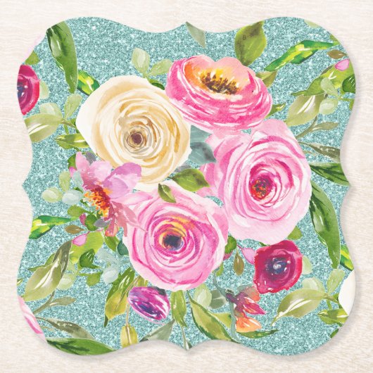 Rose in Rosa und Creme Aqua Glitzer Untersetzer (Vorderseite)