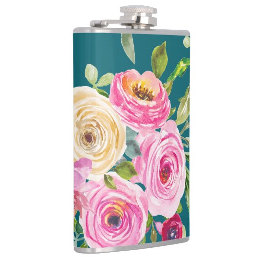 Rose in Rosa und Creme auf Aquamarin Flachmann (Rechts)