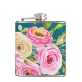 Rose in Rosa und Creme auf Aquamarin Flachmann (Vorderseite)