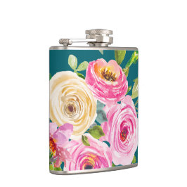 Rose in Rosa und Creme auf Aquamarin Flachmann