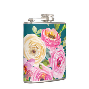 Rose in Rosa und Creme auf Aquamarin Flachmann