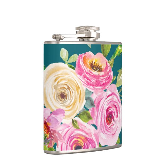 Rose in Rosa und Creme auf Aquamarin Flachmann (Rechts)