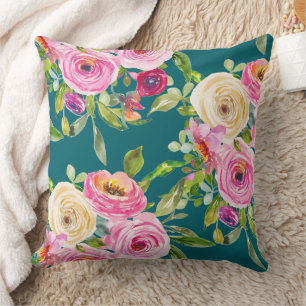 Rose in Rosa und Creme auf Aquamarin Kissen