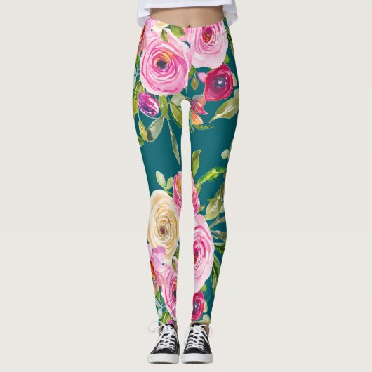 Rose in Rosa und Creme auf Aquamarin Leggings (Vorderseite)