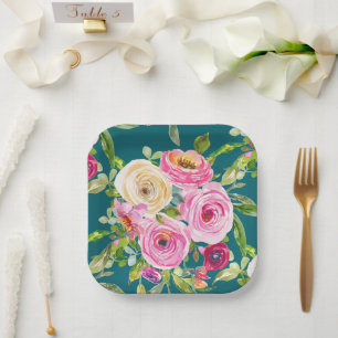 Rose in Rosa und Creme auf Aquamarin Pappteller