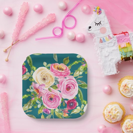 Rose in Rosa und Creme auf Aquamarin Pappteller (Party)