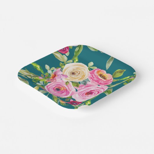 Rose in Rosa und Creme auf Aquamarin Pappteller (Gewinkelt)