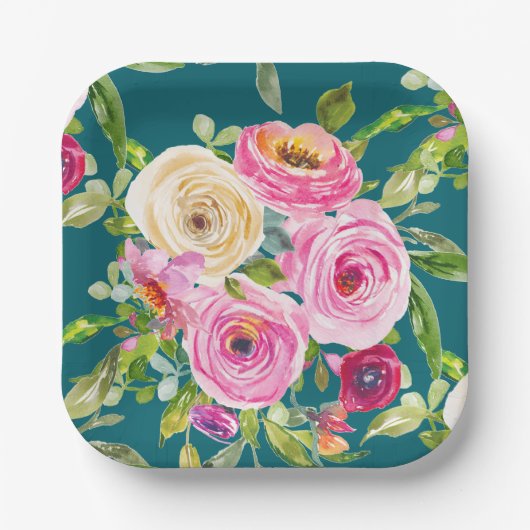 Rose in Rosa und Creme auf Aquamarin Pappteller (Vorderseite)